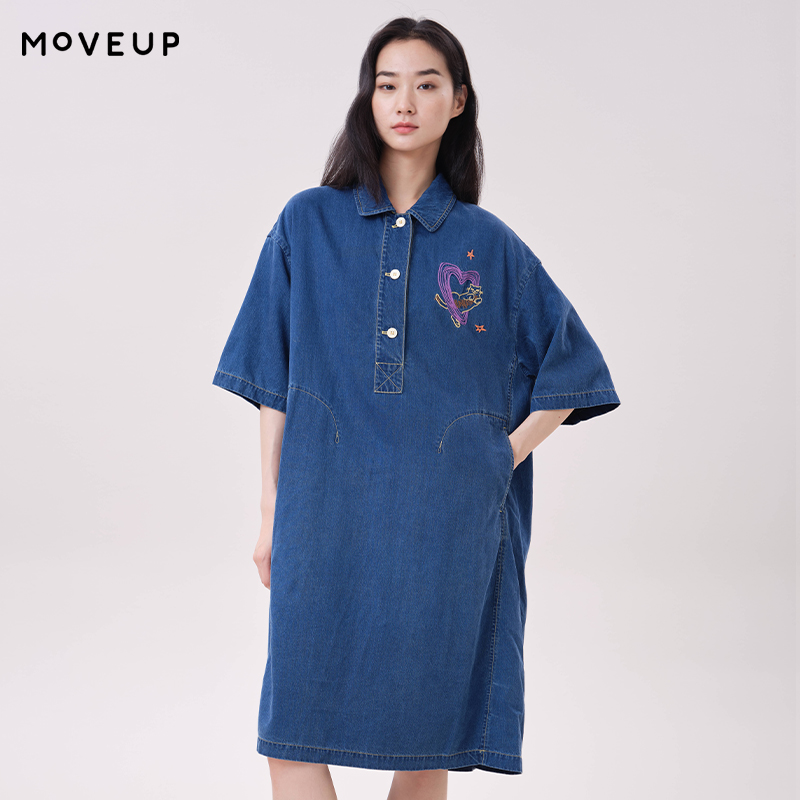 Midi Dress - MOVEUP Lyocell Denim Jurk Polokraag Hart
