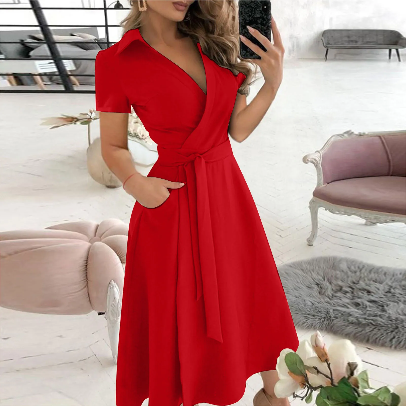 Women'S Red Formal Wear - Lente Zomer Mode Kantoor Ruches Jurk