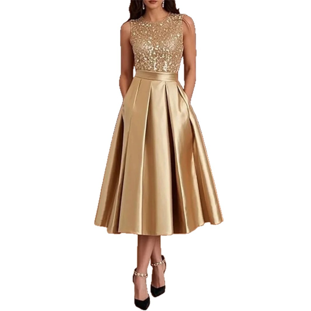 Midi Dress - Bordeauxrode satijnen midi-jurk met pailletten, mouwloos,