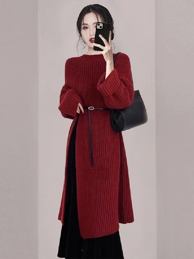 Women'S Red Formal Wear - Dames elegante rode gebreide jurk herfst