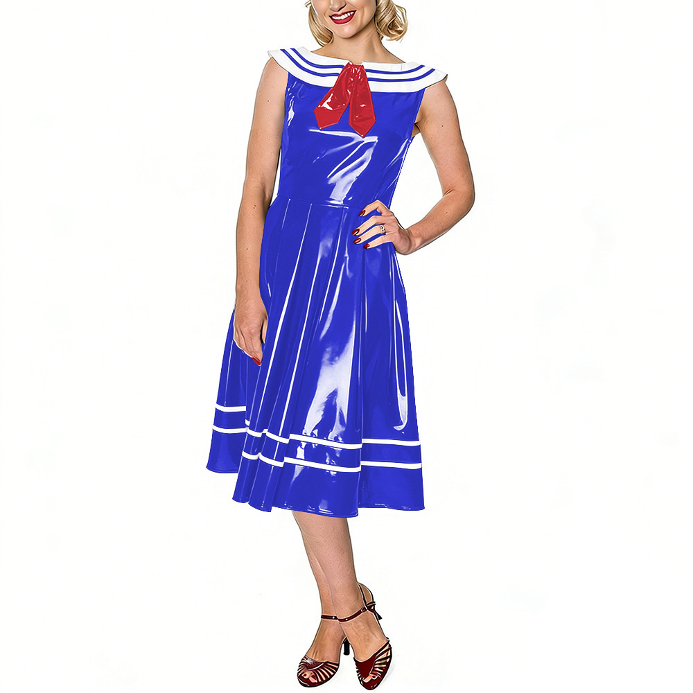 Midi Dress - Vintage matrozenjurk voor dames, glanzend leer,