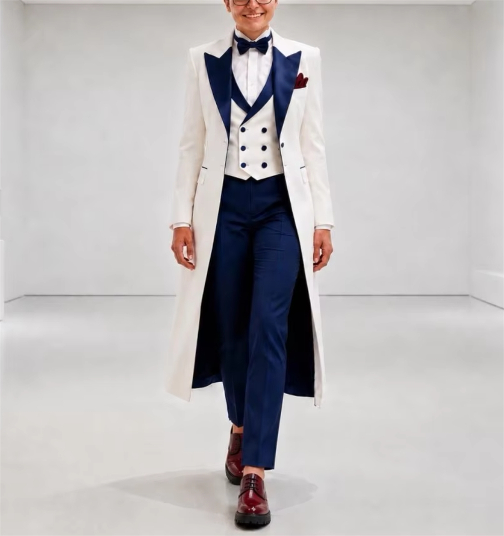 Womens Blazer - Marineblauw-wit damespak, elegant, op maat gemaakt,